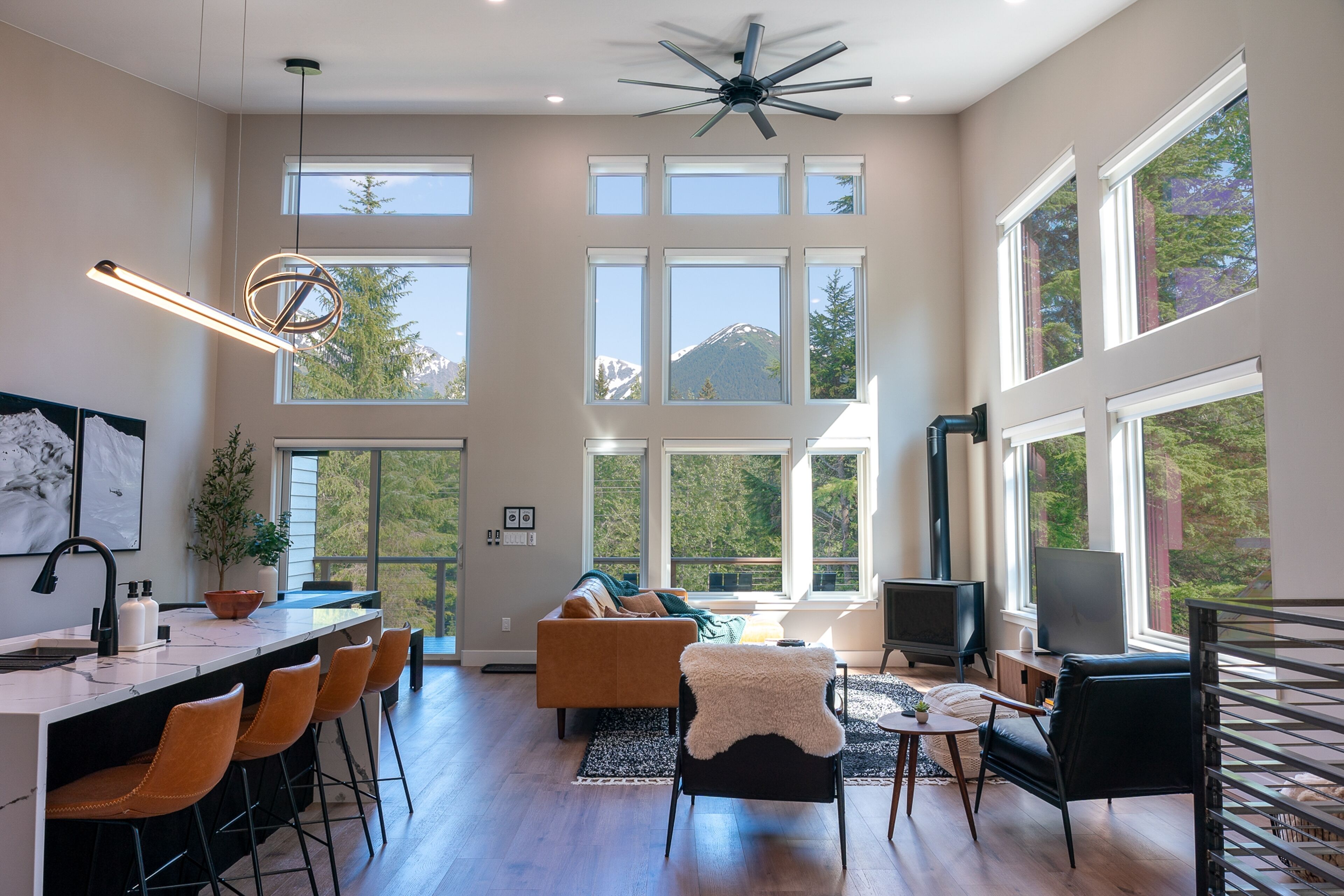 Alaskan airplane hanger inspired home with mountain views, WiFi, & deck