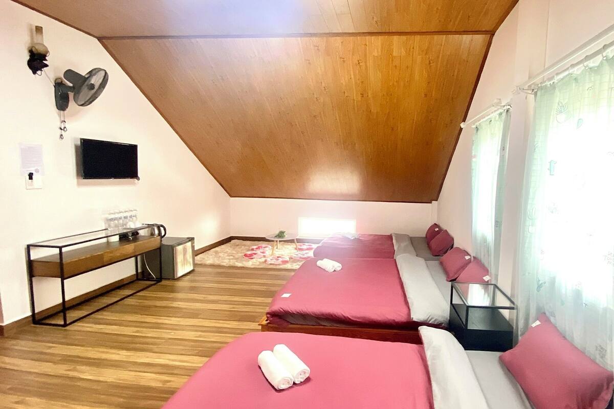 Una habitación con dos camas, un escritorio y un ventilador de techo.