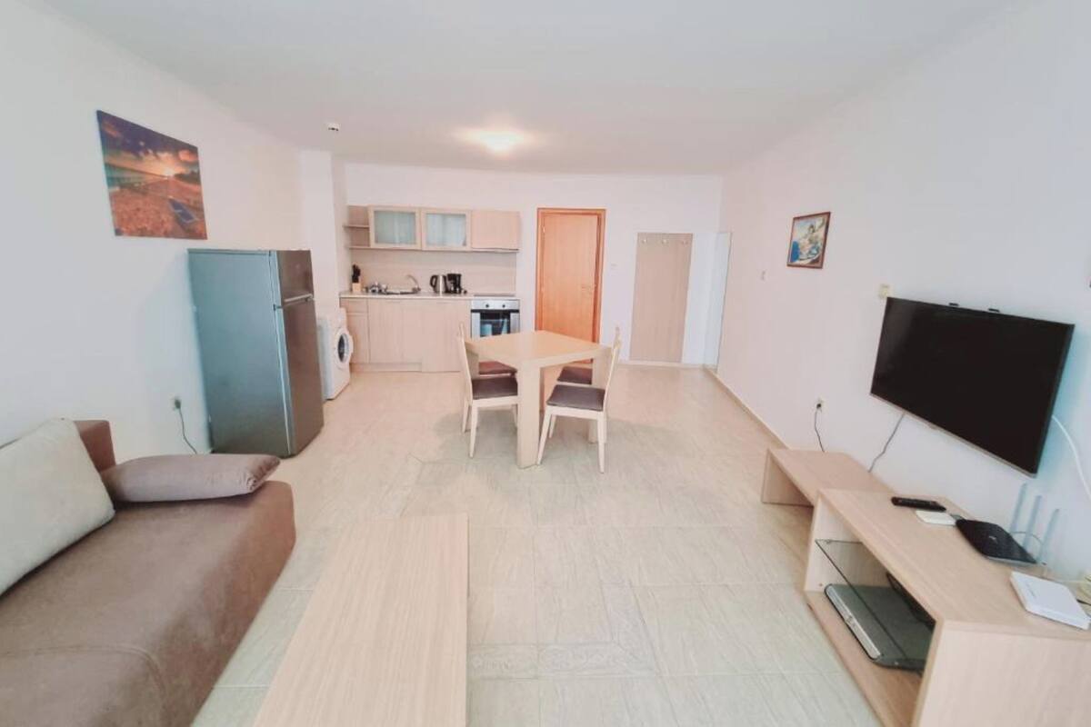 A compact living space with a kitchenette, a dining area, a sofa, and a TV.