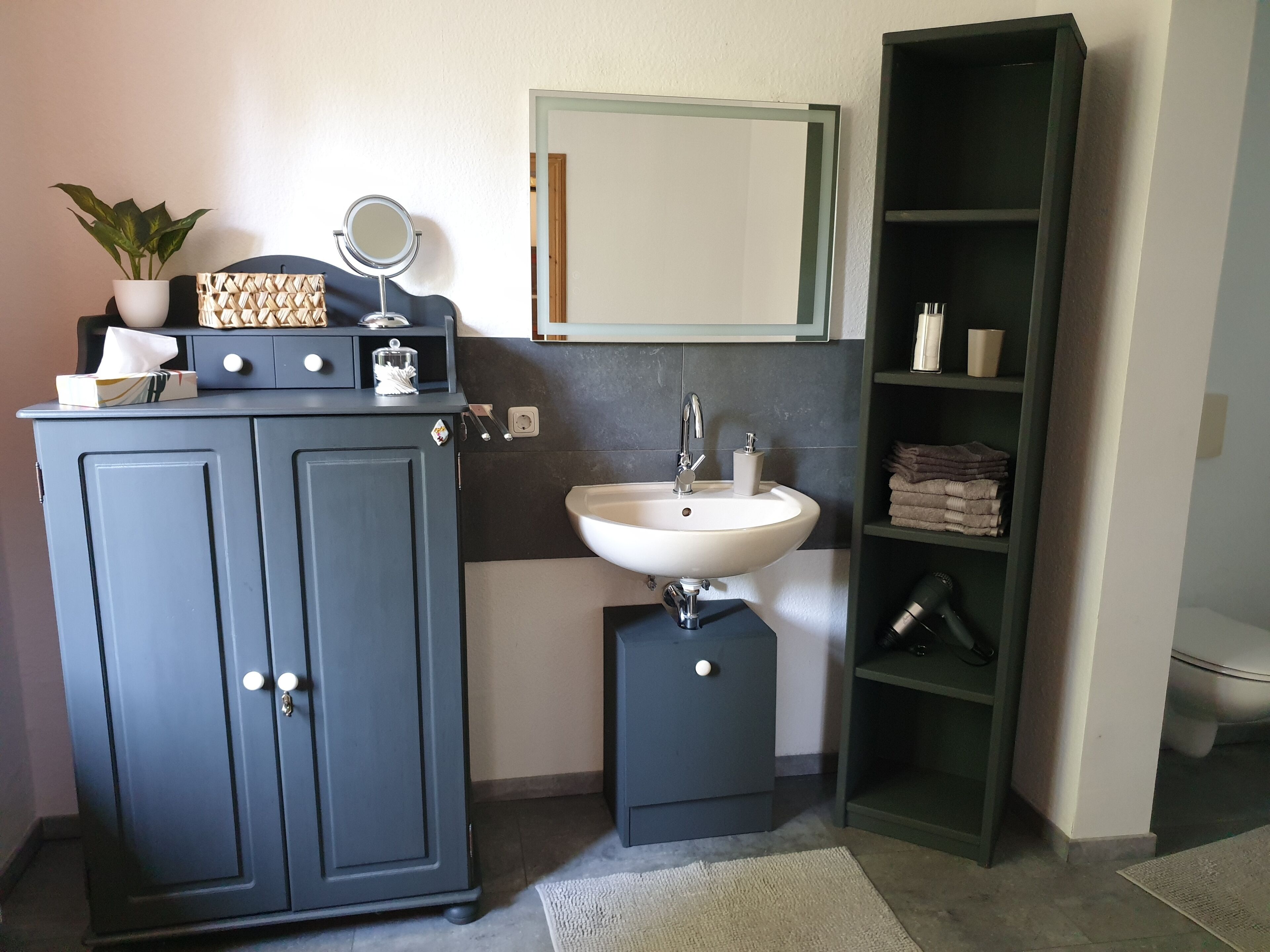 A bathroom with a dark blue cabinet, a white sink, a mirror, a towel rack, and a small potted plant.