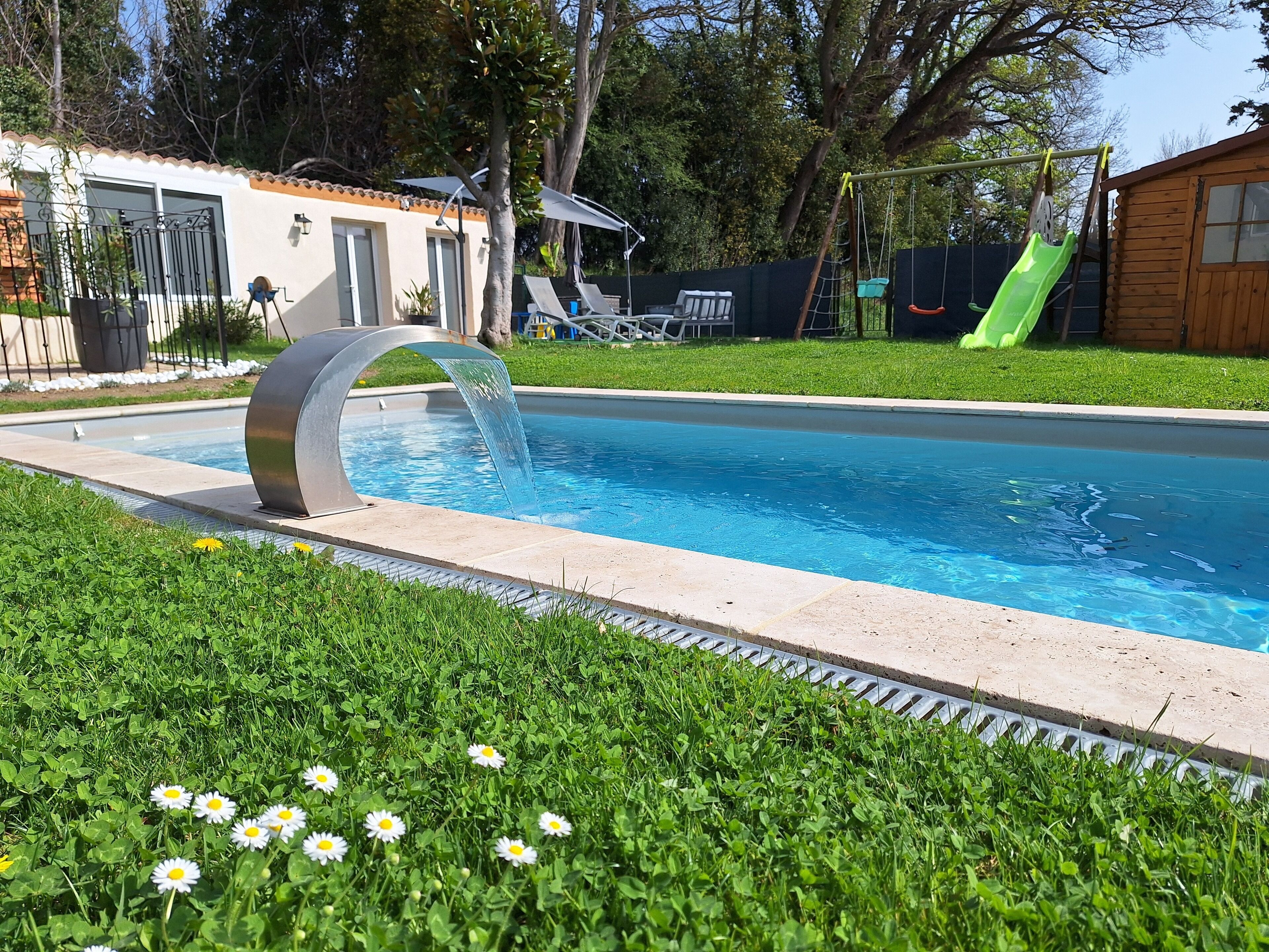A swimming pool with a modern water feature, surrounded by a grassy area with daisies.