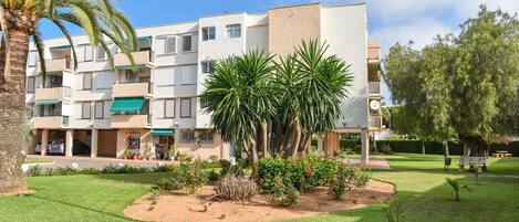 Un immeuble résidentiel à plusieurs étages, doté de balcons, d’une pelouse bien entretenue et de palmiers.