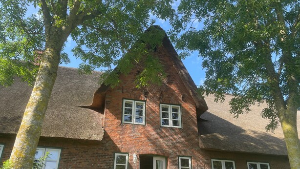 Ein Haus aus Ziegeln mit einem Reetdach, zwei weiße Stühle davor und ein Garten mit viel Grün und einer roten Blume.