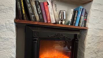 A fireplace with bookshelves above it.