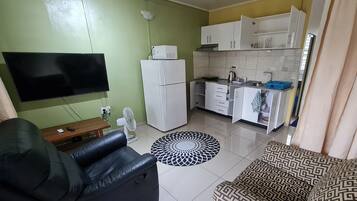 A compact living space with a flat-screen TV, a refrigerator, a kitchenette, a sofa, and a patterned rug.