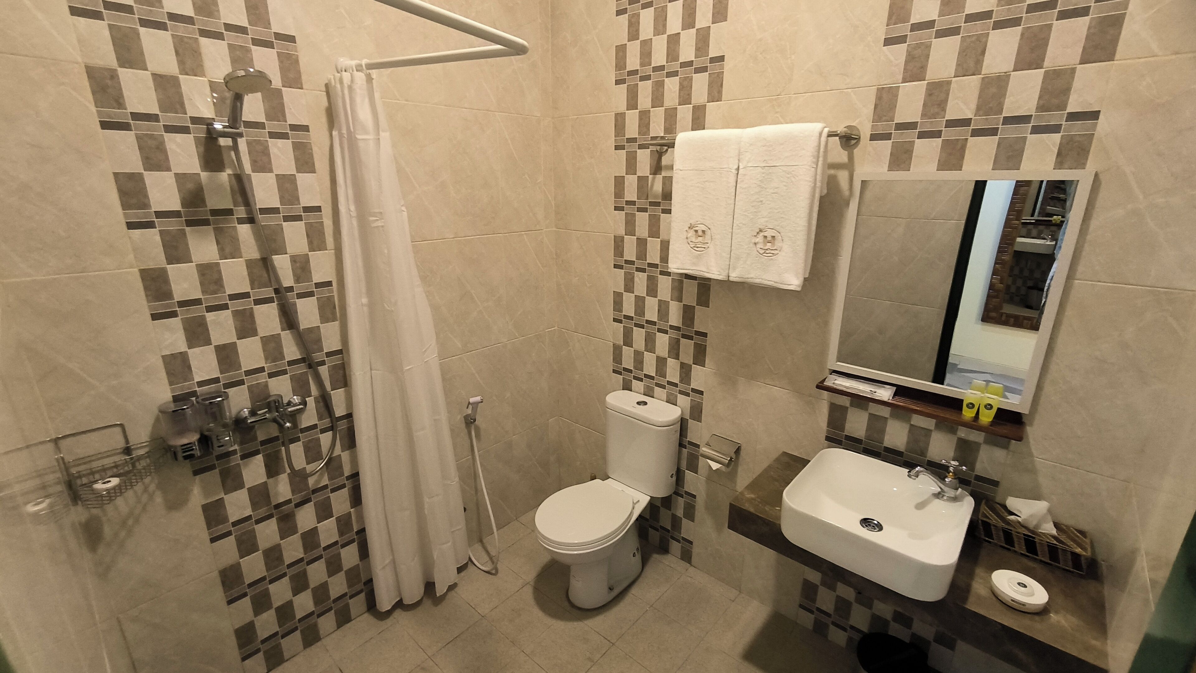 A bathroom with a shower, toilet, sink, and a mirror.