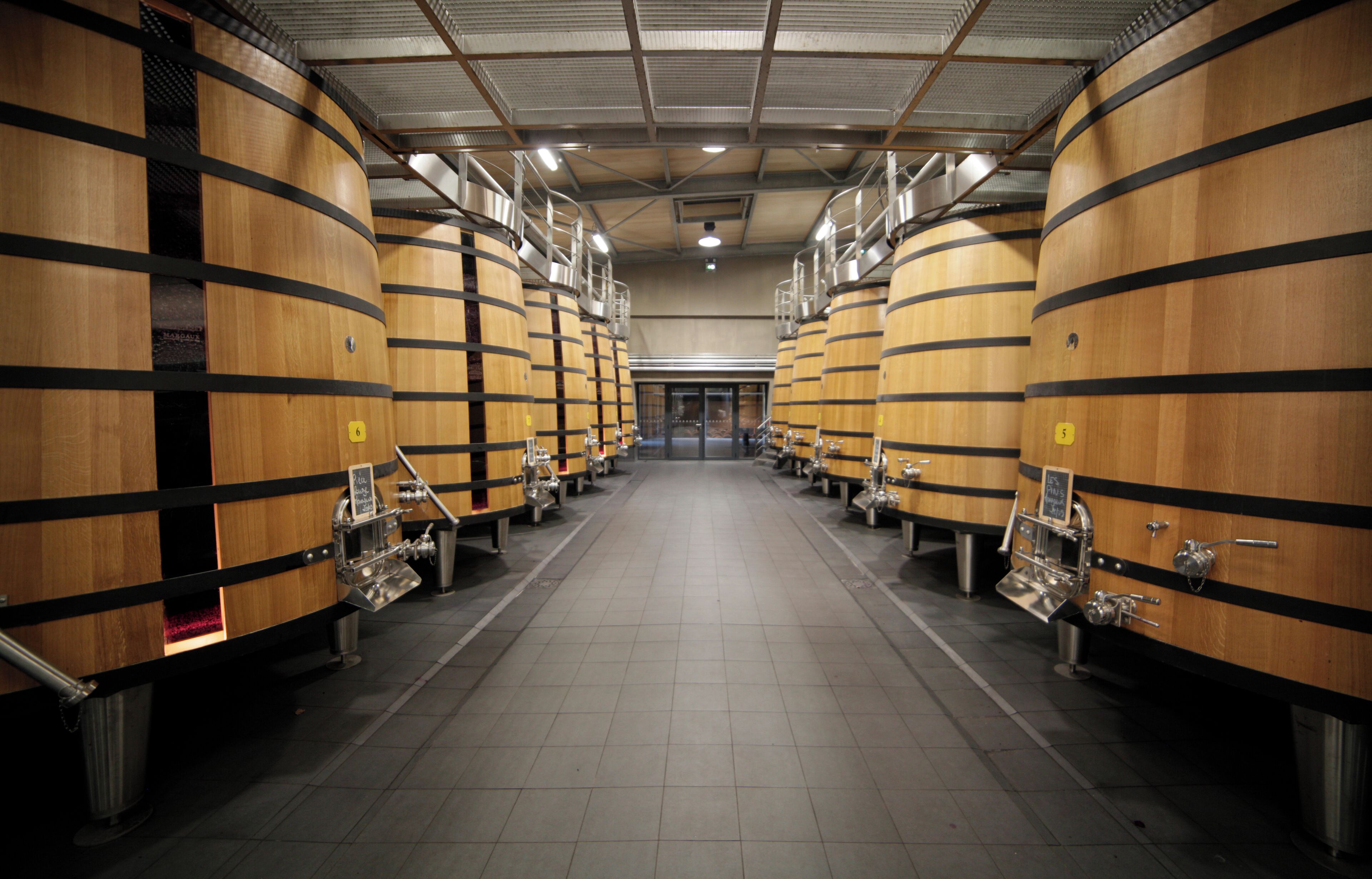 A row of large wooden wine barrels in a warehouse-like setting with metal ladders and metal pipes.