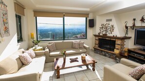 Un salon comprenant un canapé, une table basse, une cheminée et une grande fenêtre donnant sur la ville.