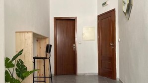 Un corridoio con due porte in legno, una pianta in vaso e una sedia.