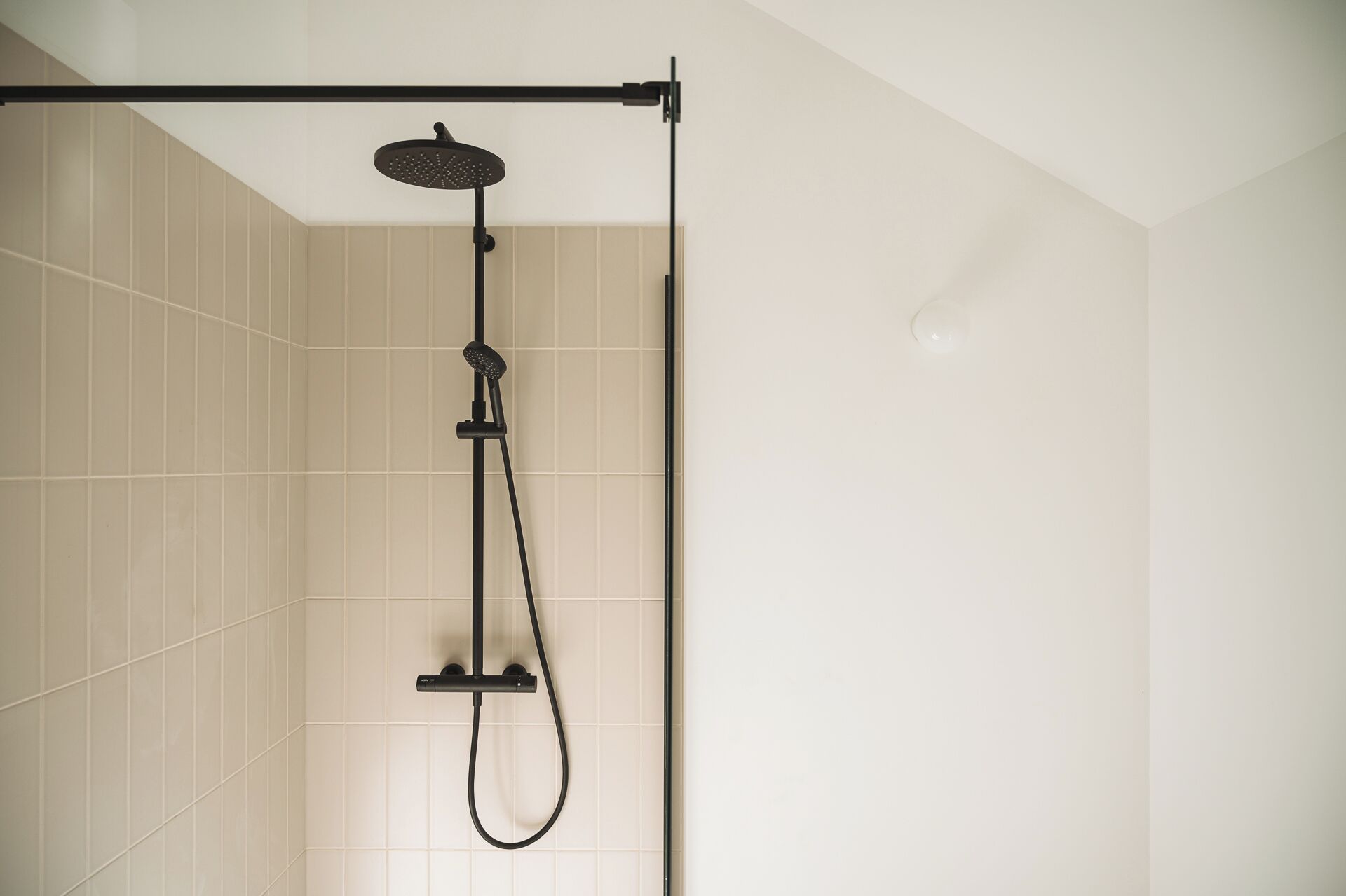 A shower with a handheld showerhead and a handheld scrubber.