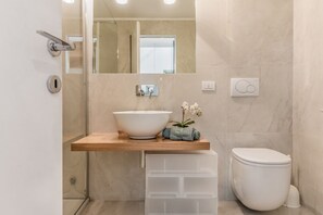 Shower, hair dryer, bidet, towels