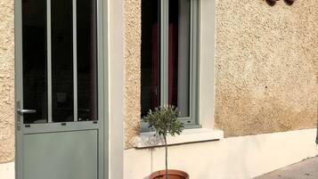 A building with a textured facade, a green door, and a potted plant in front.
