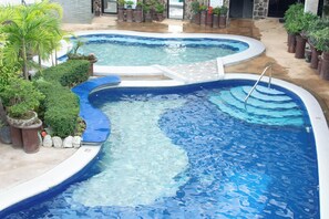 Una piscina de diseño curvo, rodeada de plantas en macetas y un sendero de piedra.
