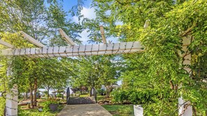 A pathway leading through a garden with a pergola overhead. - Unbelievable beach views for 6 (North Beach)