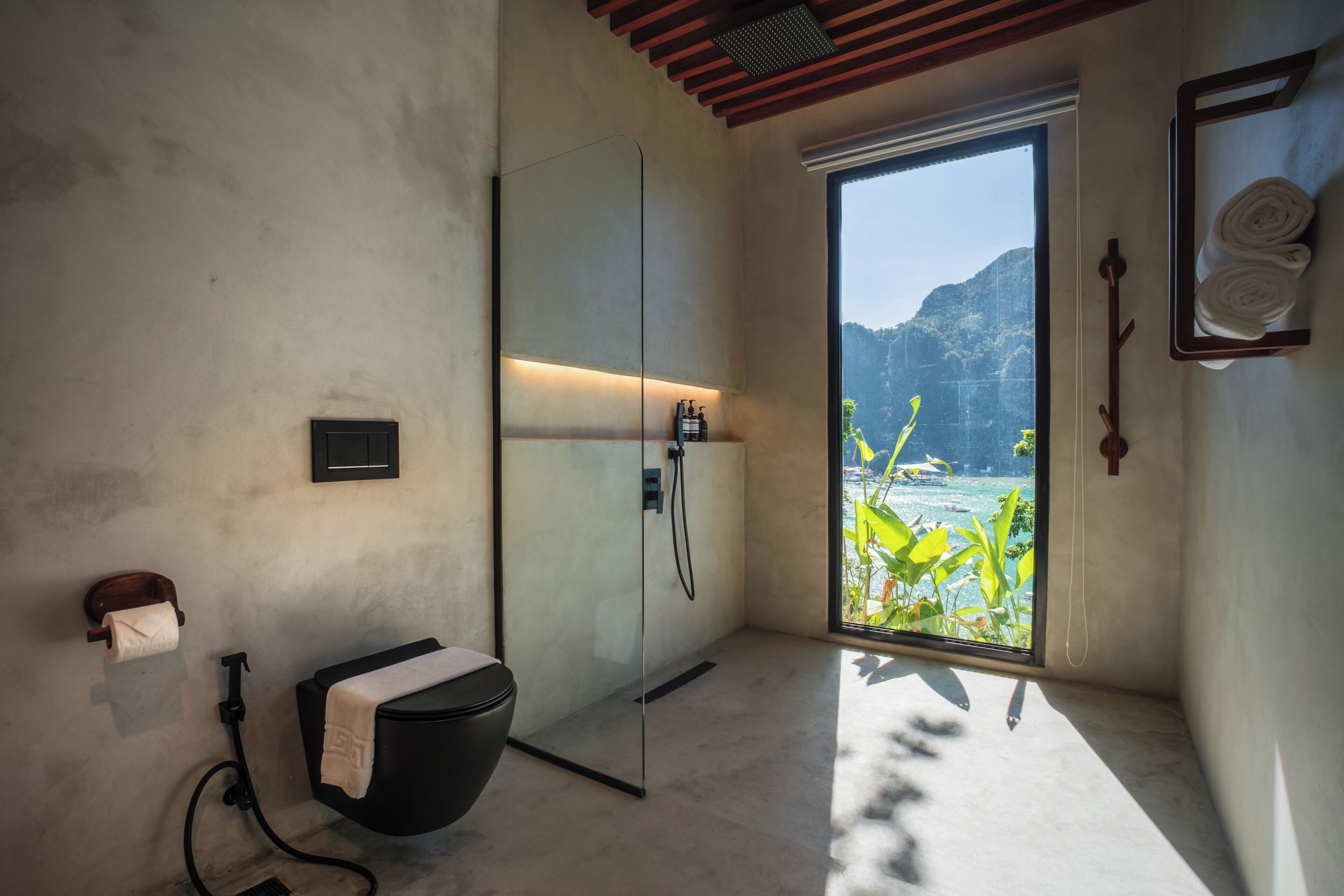 A modern bathroom with a glass shower enclosure, a toilet, and a towel rack.