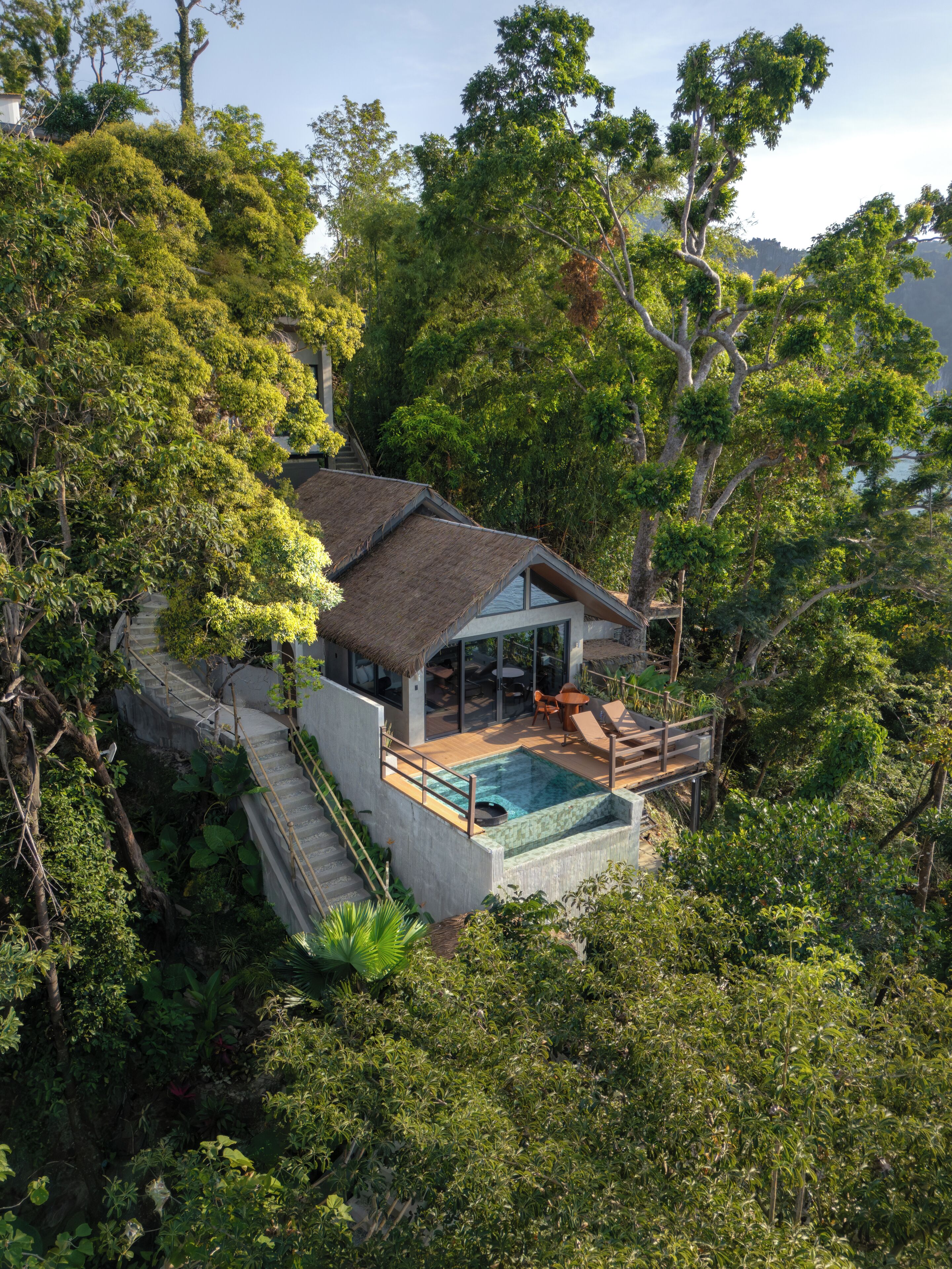 Ein abgelegenes Haus mit Swimmingpool, umgeben von dichtem Wald.