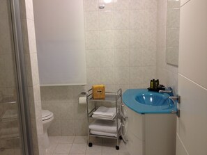 Shower, hair dryer, bidet, towels