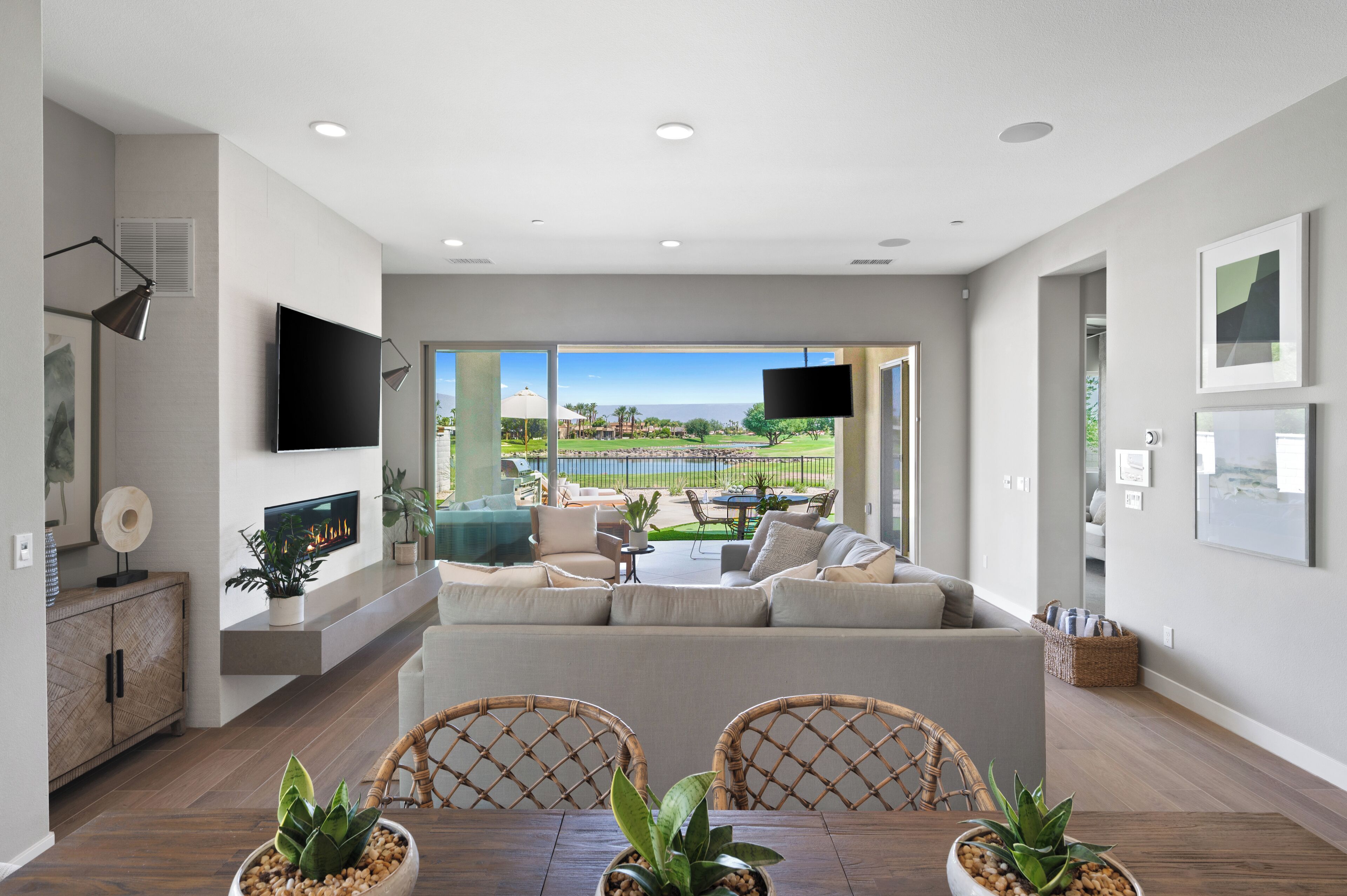 Smart TV, fireplace, computer monitors, printers