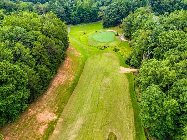 An aerial view of a golf course surrounded by dense forest.