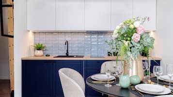 Fridge, microwave, stovetop, espresso maker