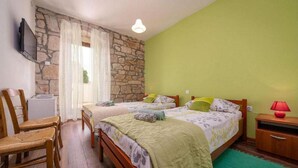 Camera da letto con due letti, un muro in pietra, una televisione e un muro verde.