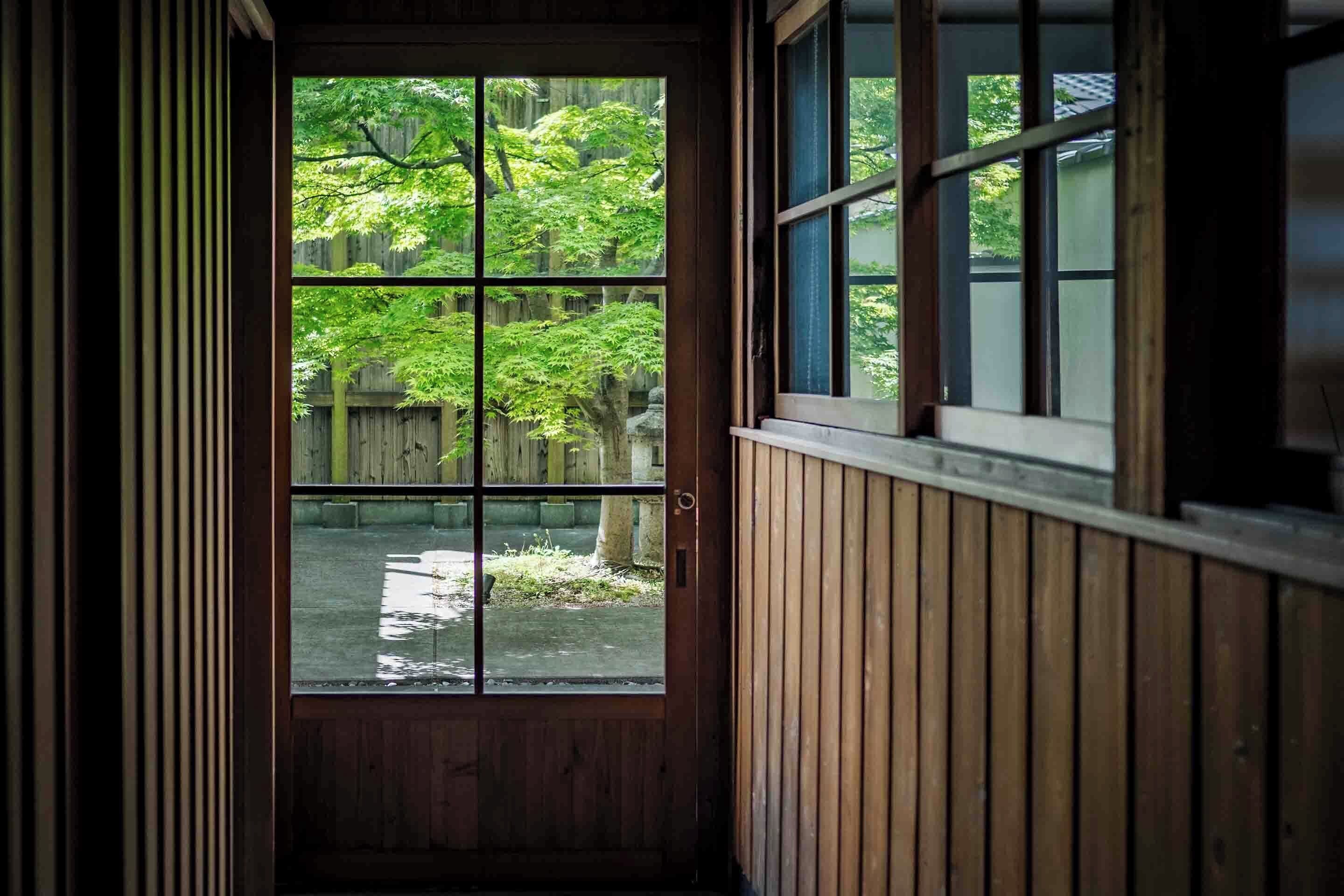 A wooden door with a window, leading to a view of a garden with trees and a wooden fence.