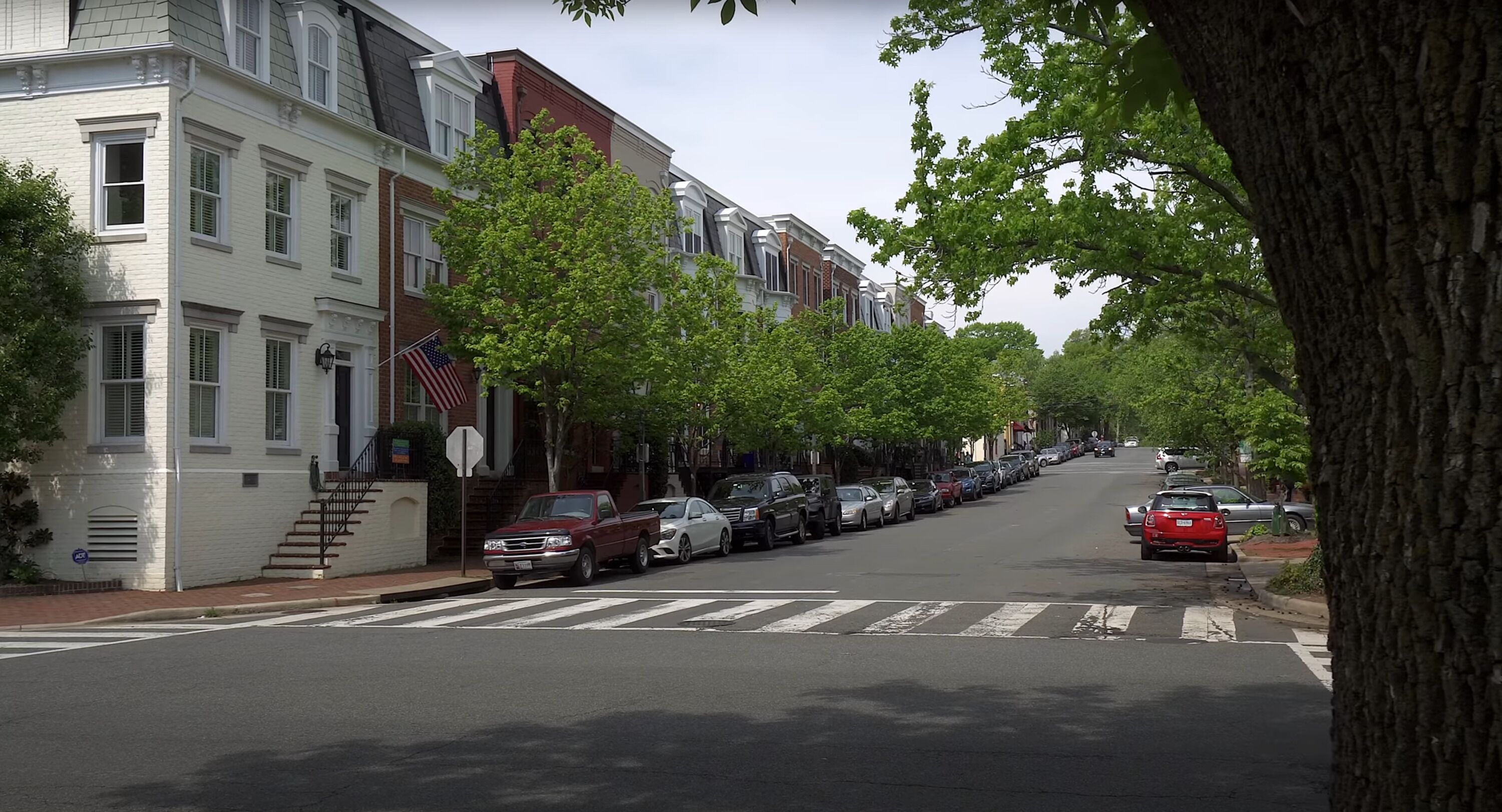A tree-lined street with parked cars and a row of townhouses.