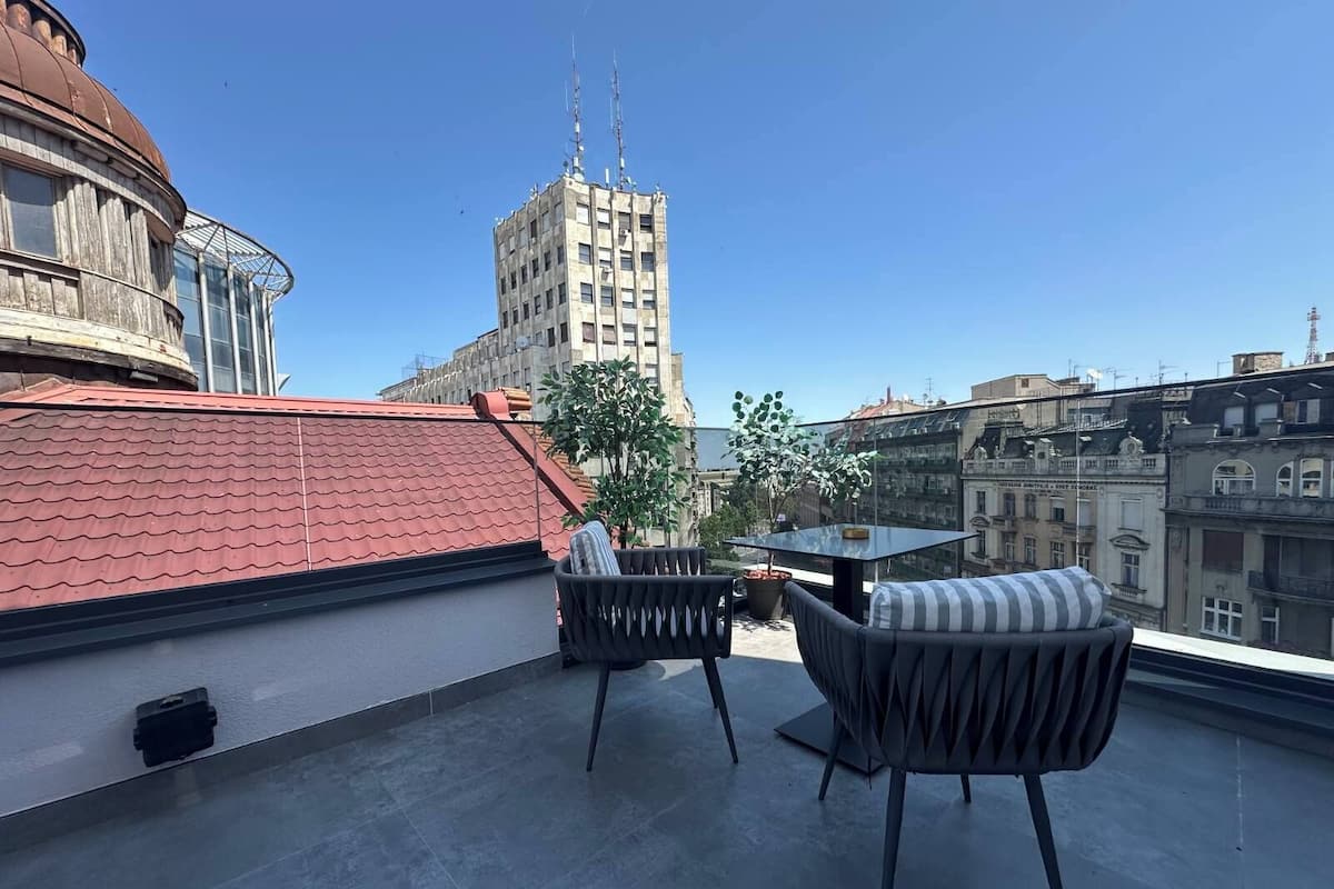 A rooftop terrace with a table and chairs, a potted plant, and a view of surrounding buildings.