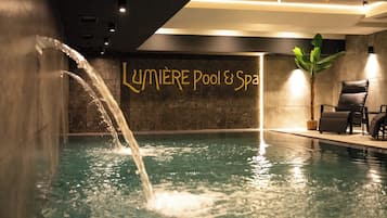 Indoor pool, open 11:00 AM to 10:00 PM, sun loungers