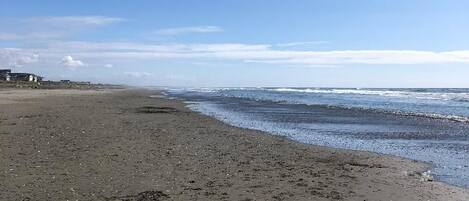 A beach with a clear sky, a sandy shore, and a few buildings in the distance.