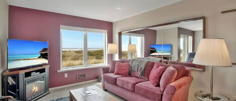 Smart TV, fireplace, DVD player, stereo