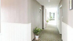 Un pasillo de hotel con suelo a cuadros, paredes blancas y una planta en maceta.