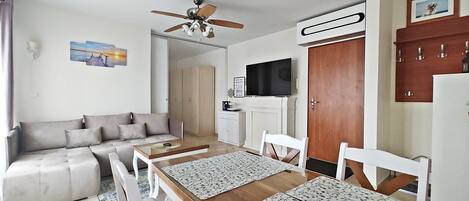 Ein modernes Wohnzimmer mit einer Couch, einem Holzes Esstisch mit Platzdeckchen, einem Deckenventilator, einem Fernseher und einem Kleiderschrank.