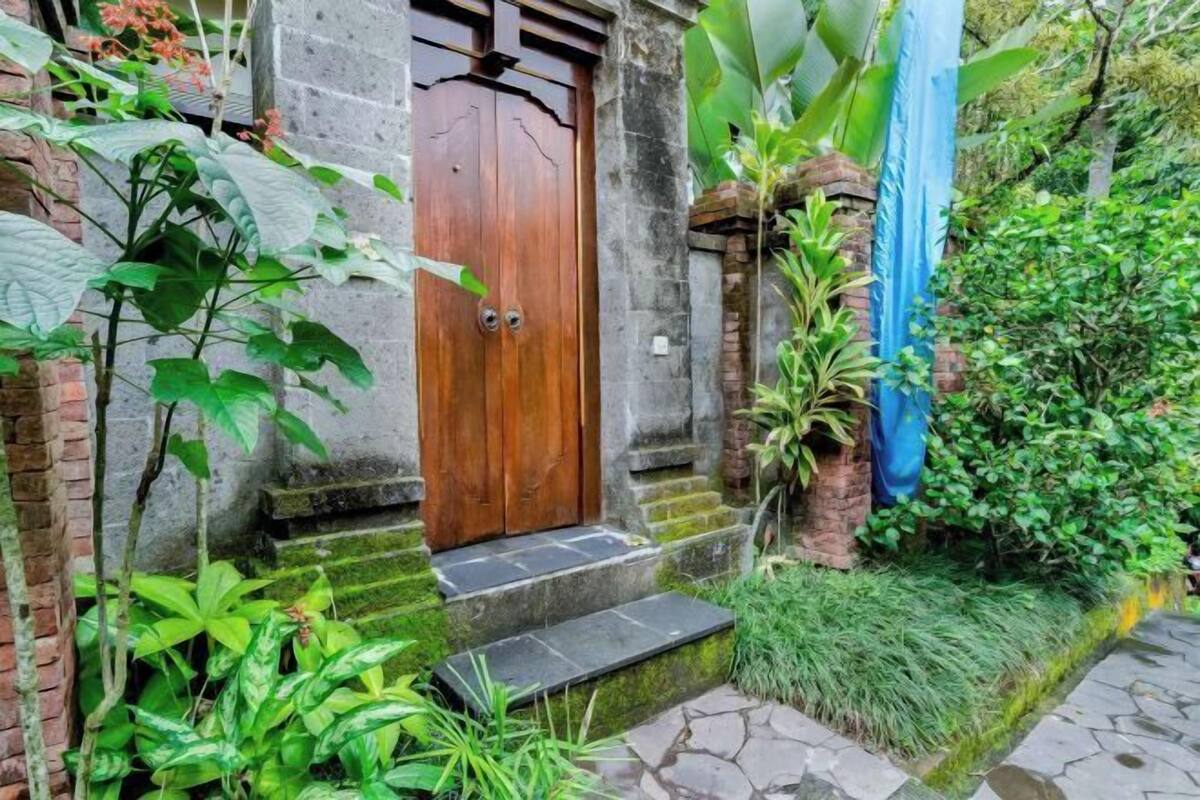 Un edificio de piedra con puerta de madera, escalones que conducen a un porche y abundante vegetación.
