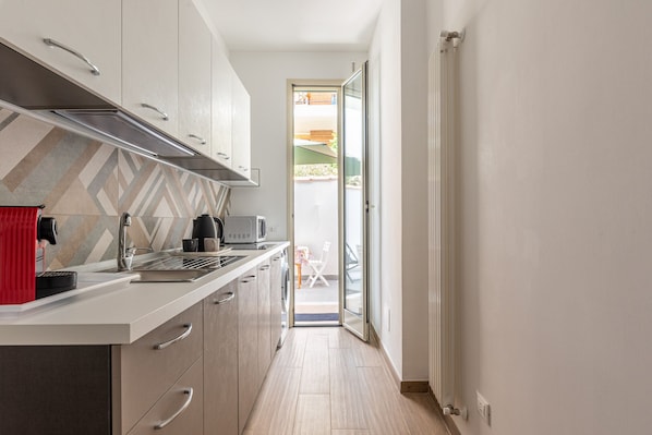 Fridge, microwave, dishwasher, coffee/tea maker