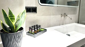 A bathroom with a white sink, a mirror, a potted plant, and a set of toiletries.