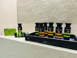 Chuveiro, secador de cabelo, toalhas de banho, sabonete