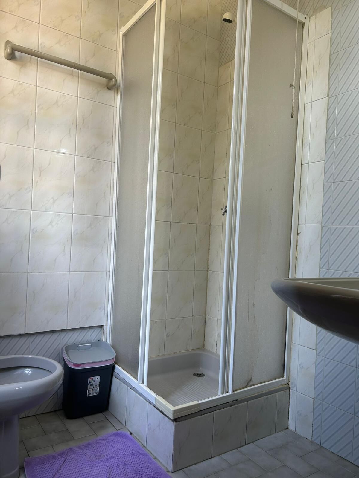 A bathroom with a glass-enclosed shower, a toilet, and a trash bin.