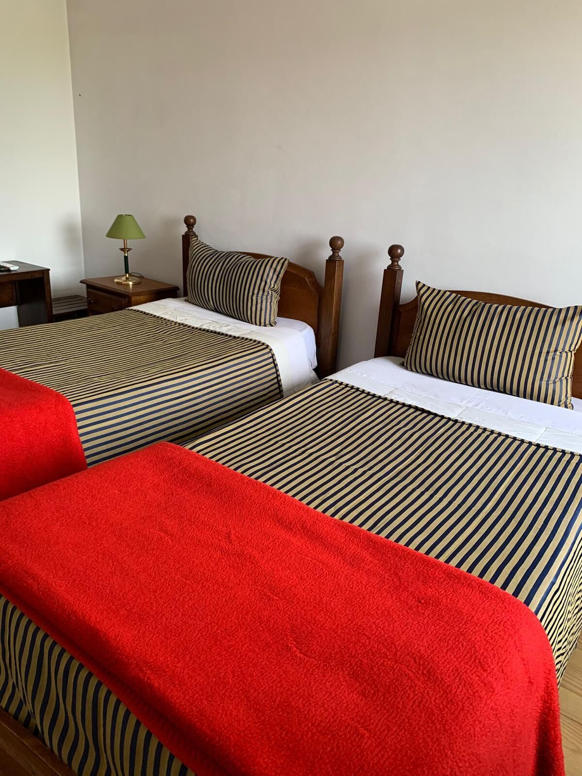 A hotel room with two beds, each with striped bedding and a red blanket. There is a nightstand with a lamp and a telephone.
