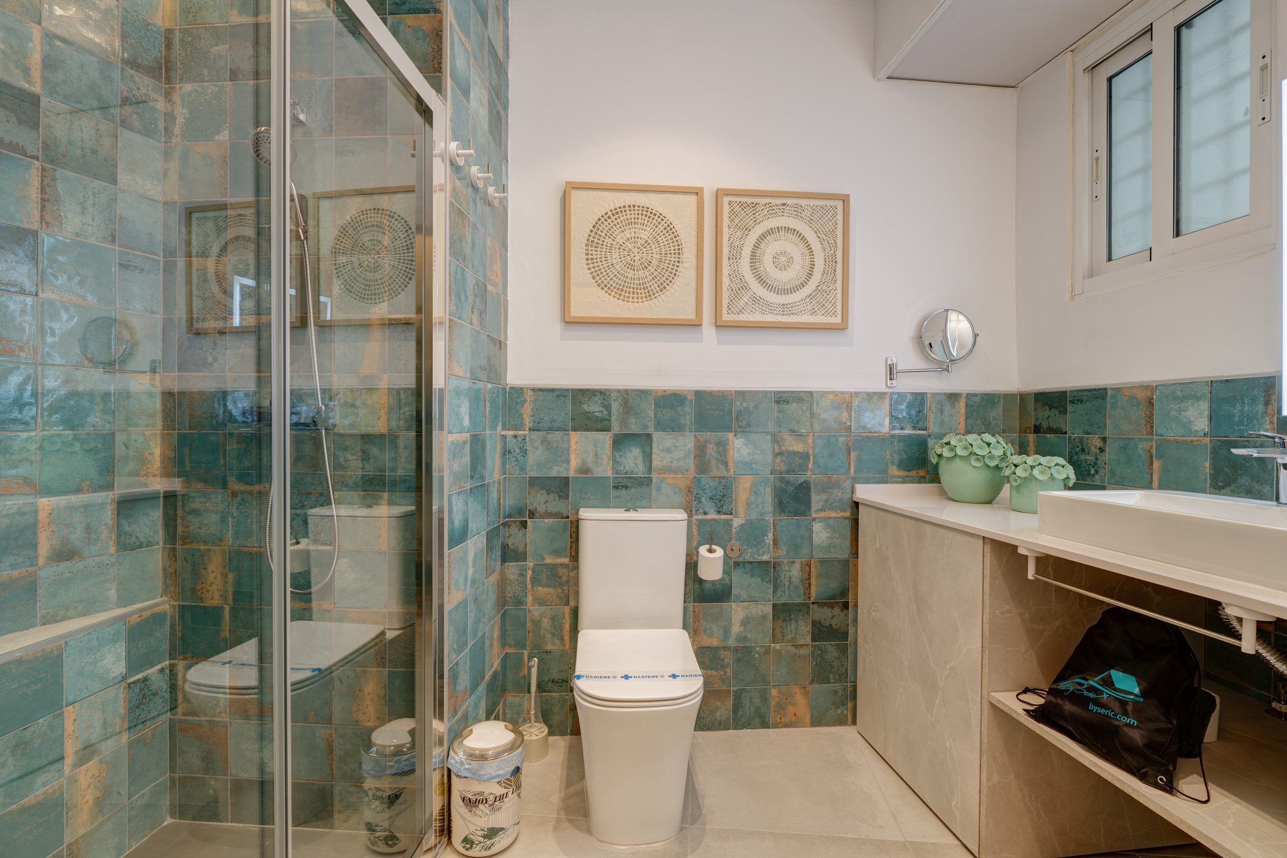Un bagno con box doccia in vetro, un water e un lavabo con specchio. Le pareti sono rivestite di piastrelle decorative e sul ripiano c'è una pianta in vaso.