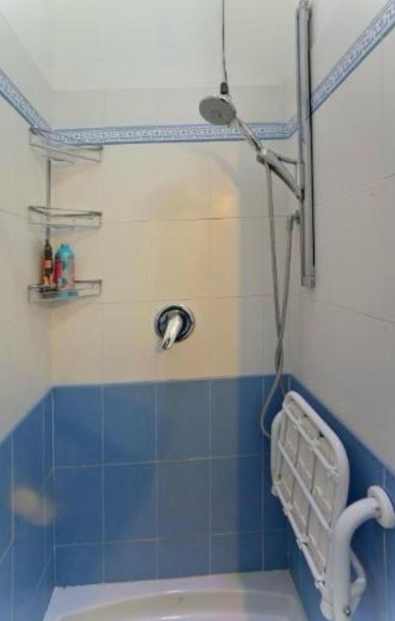 A bathroom with a shower, a bathtub, and a handrail.
