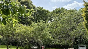 A lush garden with a variety of trees and a small seating area with a table and chairs. - Spacious Home with Garden, WiFi, and Games Room Near Dordogne's Best Sights (Payzac)