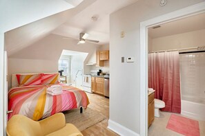 1 bedroom, desk, iron/ironing board, travel cot