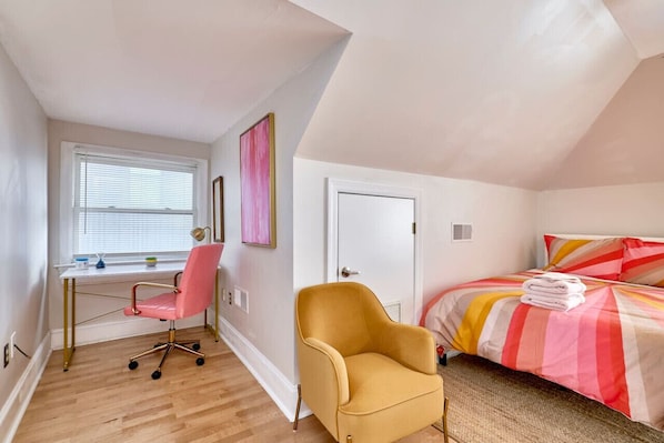 1 bedroom, desk, iron/ironing board, travel cot