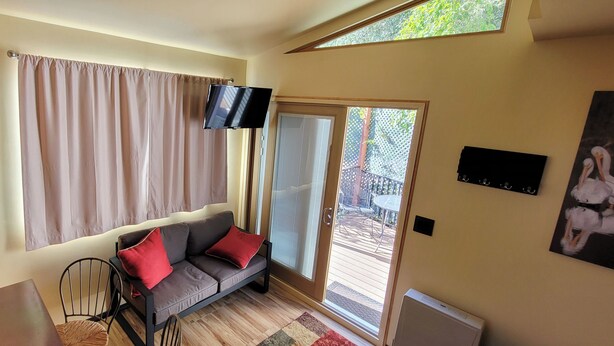A room with a sofa, a TV, a sliding glass door leading to an outdoor area, and a painting on the wall. - Dog friendly, peaceful 1 BR cottage w/ BA, AC on beautiful Lake Hodges (Escondido)