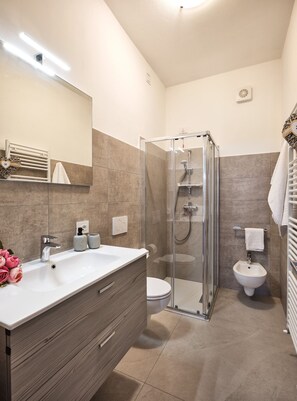 Shower, hair dryer, towels, toilet paper