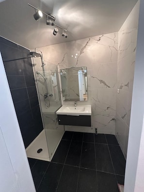 Shower, hair dryer, towels, soap