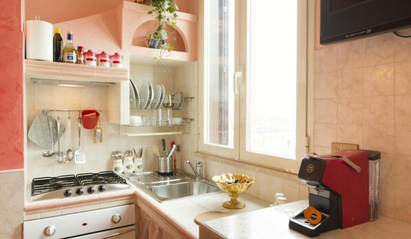 Kühlschrank, Herdplatte, Wasserkocher mit Kaffee-/Teezubehör