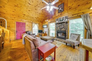 TV, fireplace, DVD player, books