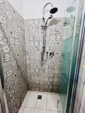 Shower, hair dryer, bidet, towels